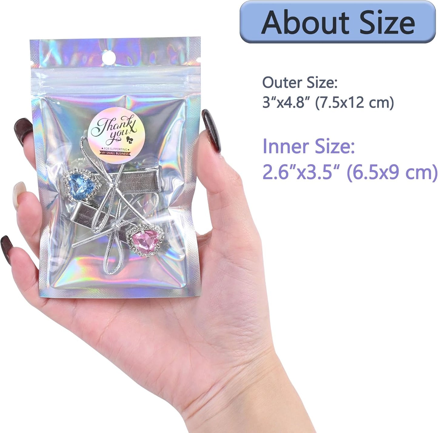 100 Pack Holographic Resealable Plastic Bags for Food Storage, Zipper Bags with Clear Front Window, Packaging Pouch for Small Business (100 Pack, 3x4.8 inch)