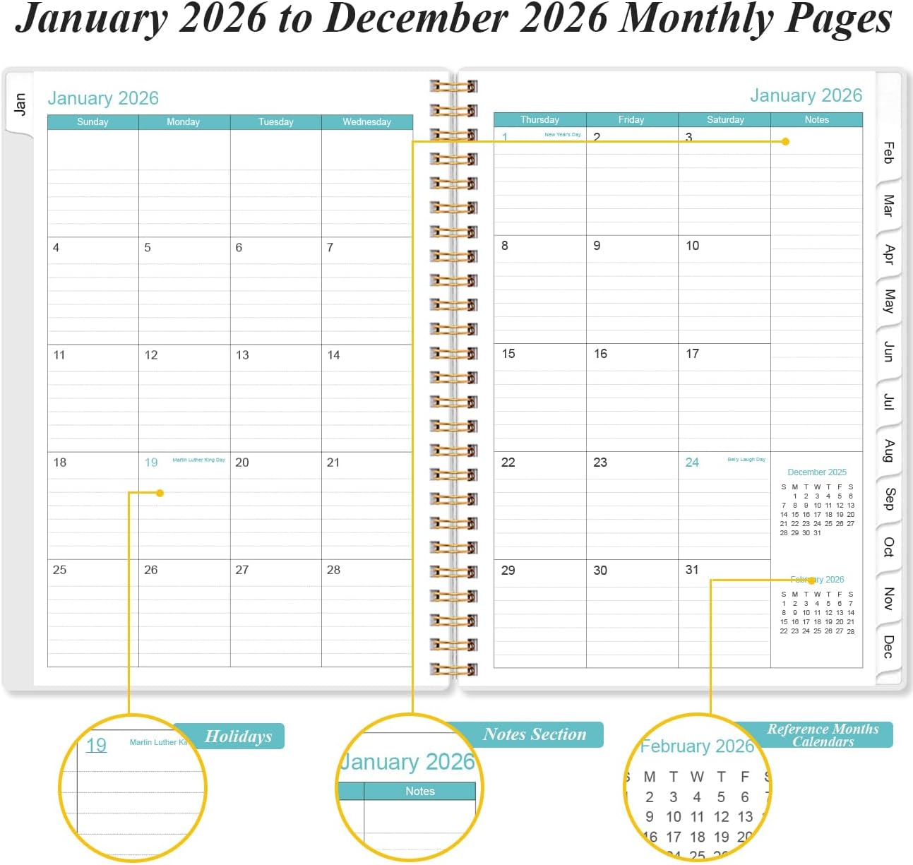 2026 Planner - Planner 2026 from January 2026 - December 2026, Weekly & Monthly Planner Spiral Bound with 12 Monthly Tabs, Inner Pocket, 6.4" x 8.5", Flower-E