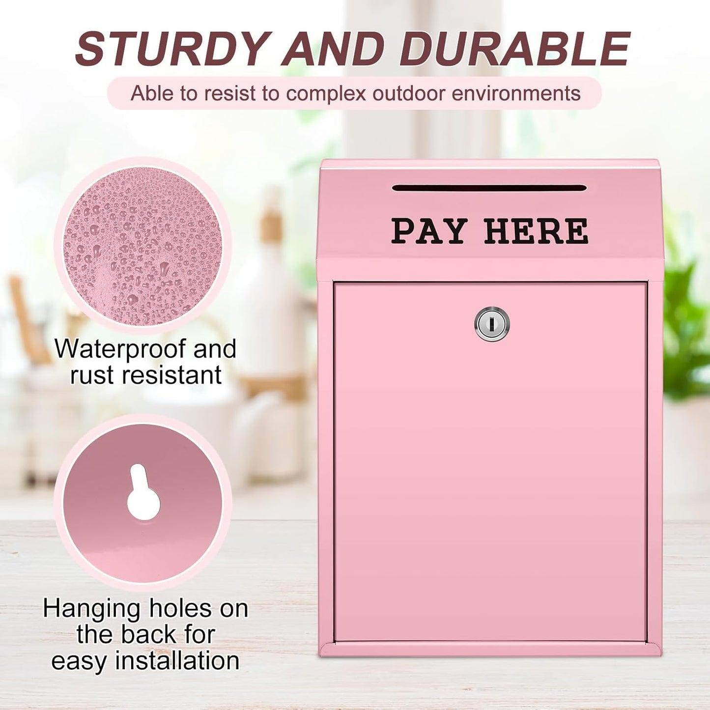 Safe Cash Box Money Collection Metal Donation Box with Lock Wall Mount Pre Drilled Mailbox Delivery Ballot for Home Office Outdoor Self Serve Stand(Pink,11.8 x 8.6 x 4.7 Inch)