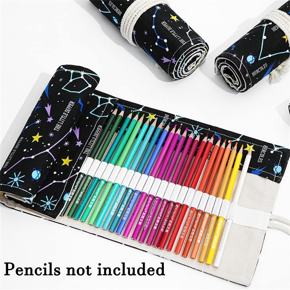 DIYOMR 24/36/72 Slots Pencil Wrap Pencil Rolls, Artist Colored Pencils Roll Up Bag Short Brushes Pouch Case Pencils Organizer for Drawing Coloring and Sketching (Constellation, 24slots)