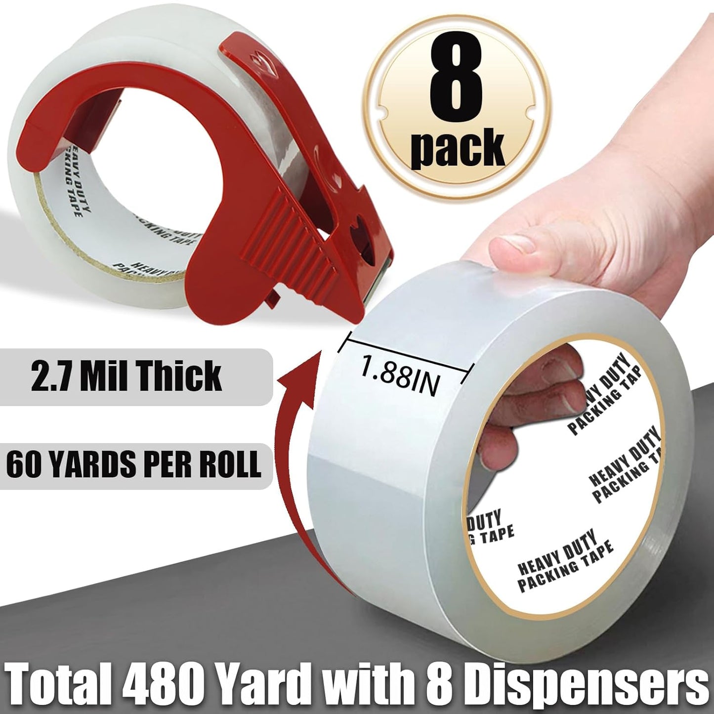 Heavy Duty Packing Tape with Dispenser - 8 Pack 1.88 in x 60 yd Clear Package Tape for Shipping Moving Storage and Mailing, Total 480 Yards