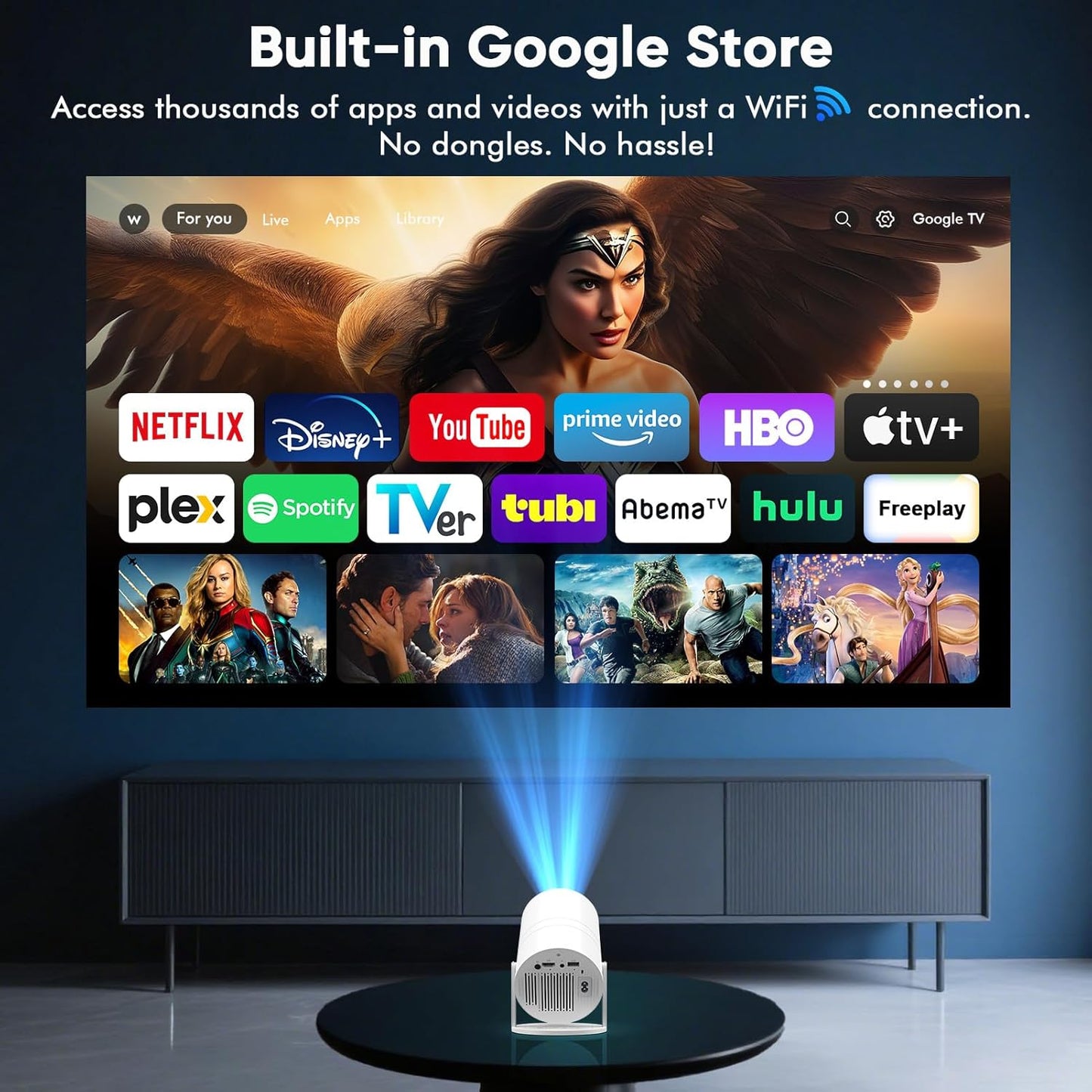 [Google Play Store & Voice Control] WISHOLY Mini Projector with WiFi and Bluetooth, Built-in Streaming Apps, Portable Movie Projector with 180° Rotatable for Outdoor, Home Theater, Movie Night