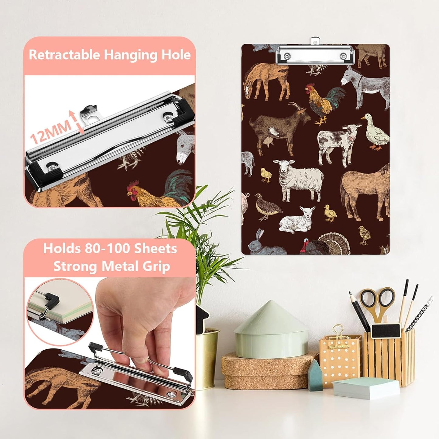Cute Farm Animals Plastic Clipboards,Cute Fashion Clipboard Decorative 8.5" x 12.5"Standard A4 Size Clipboards,Acrylic Clipboard for Teacher,Social Worker,Students,Nurse,Office Supplies