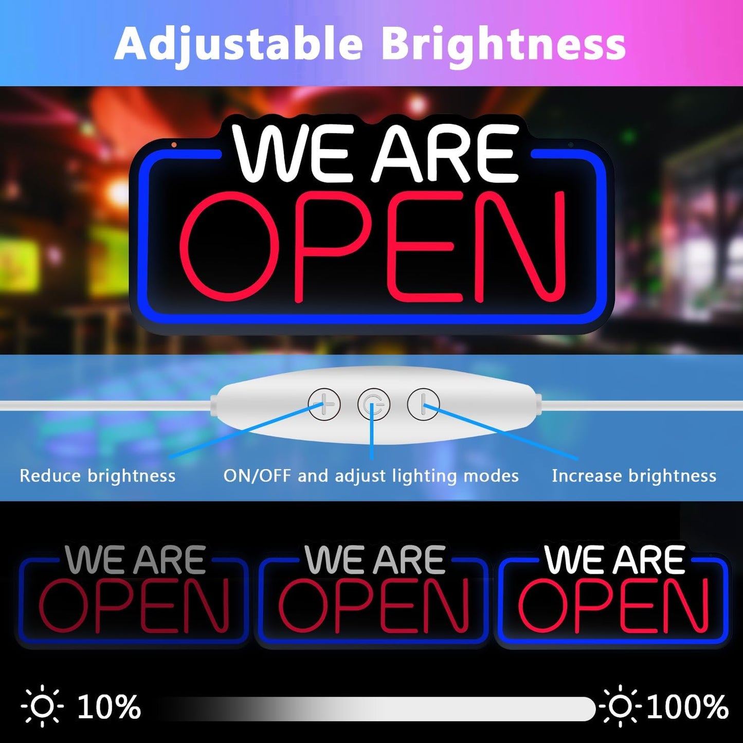 We Are Open Sign, 22" X 10" Bright Led Neon Open Sign, Adjustable Brightness and Blinking Modes, Large Open Signs for Business Bar Restaurant Hotel Storefront Window