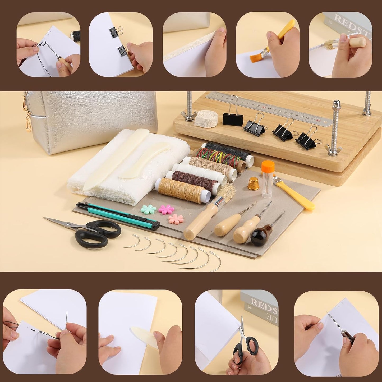JUPEAN 45 Pcs Book Binding Kits Bookbinding Kit Book Press 7.9”x11.6” with Books Binding Materials Bone Folder Tool Webbing Strap and Storage Bag for Bindings and Repair