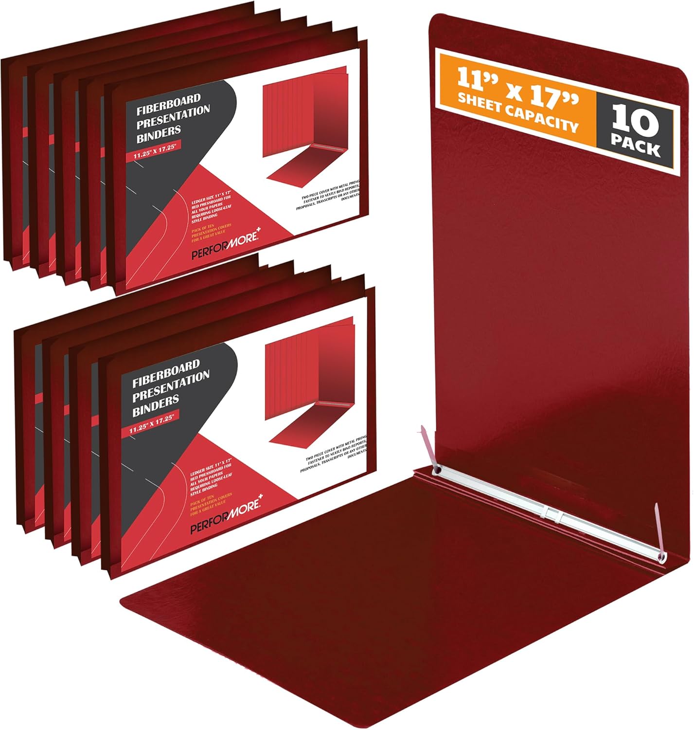 Performore 10 Pack of 11x17 Inch Landscape Pressboard Presentation Binder Folder, Red Fiberboard Report Cover with Metal Prong Paper Fastener for Document Storage, Proposals, Transcripts