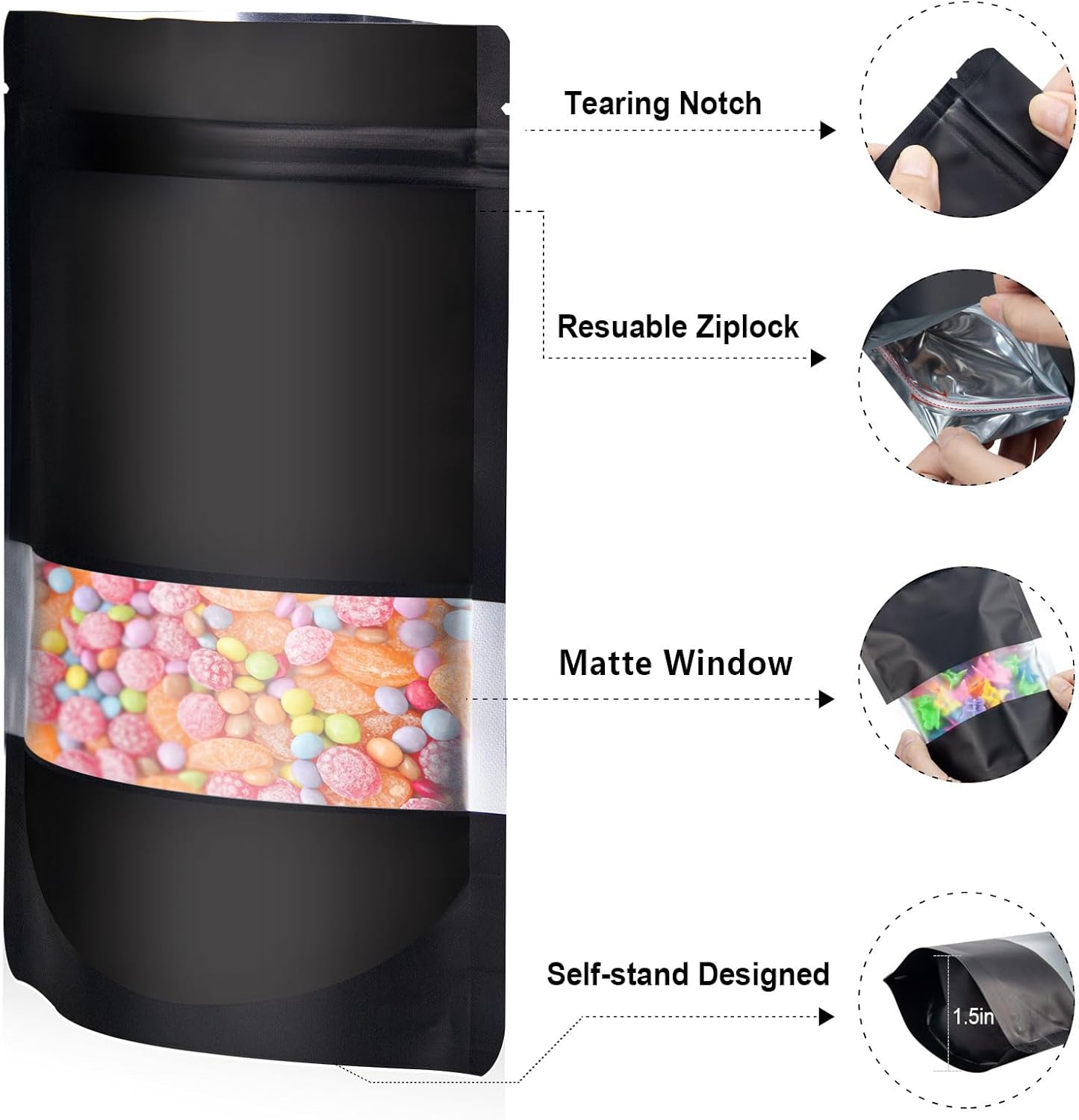 6.3"x9.5" 120pcs Mylar Bags for Food Storage,Smell Proof Bag with Matte Window Resealable Food Storage Bags for Small Business, Stand-up Foil Pouch Packaging Freeze Dried Candy Bag（Black）