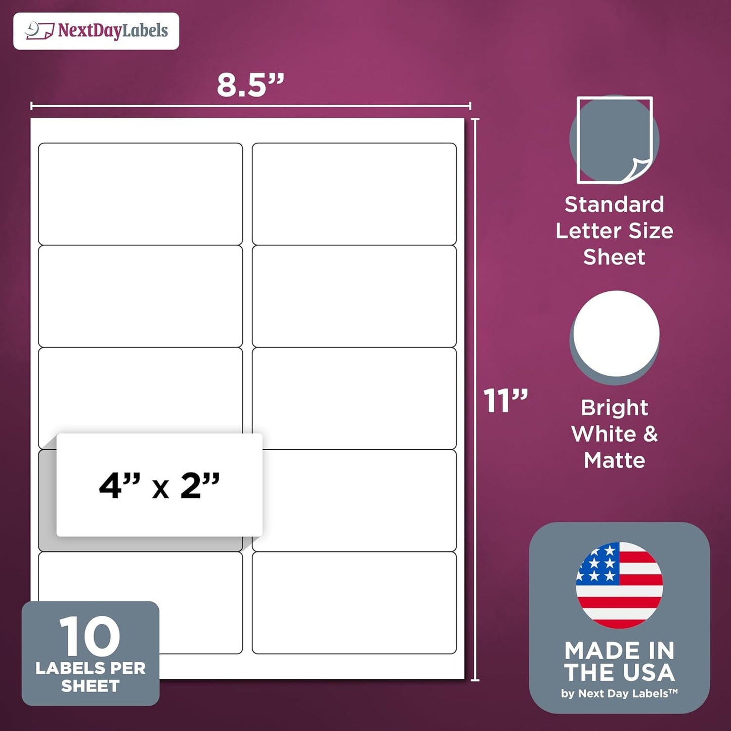 NextDayLabels – 4” x 2” Rectangular Sticker Labels for Printer - White Laser/Inkjet Printer Labels Return Address Labels Shipping Label Stickers (100 Sheets, 10 Per Sheet, 1000 Labels)