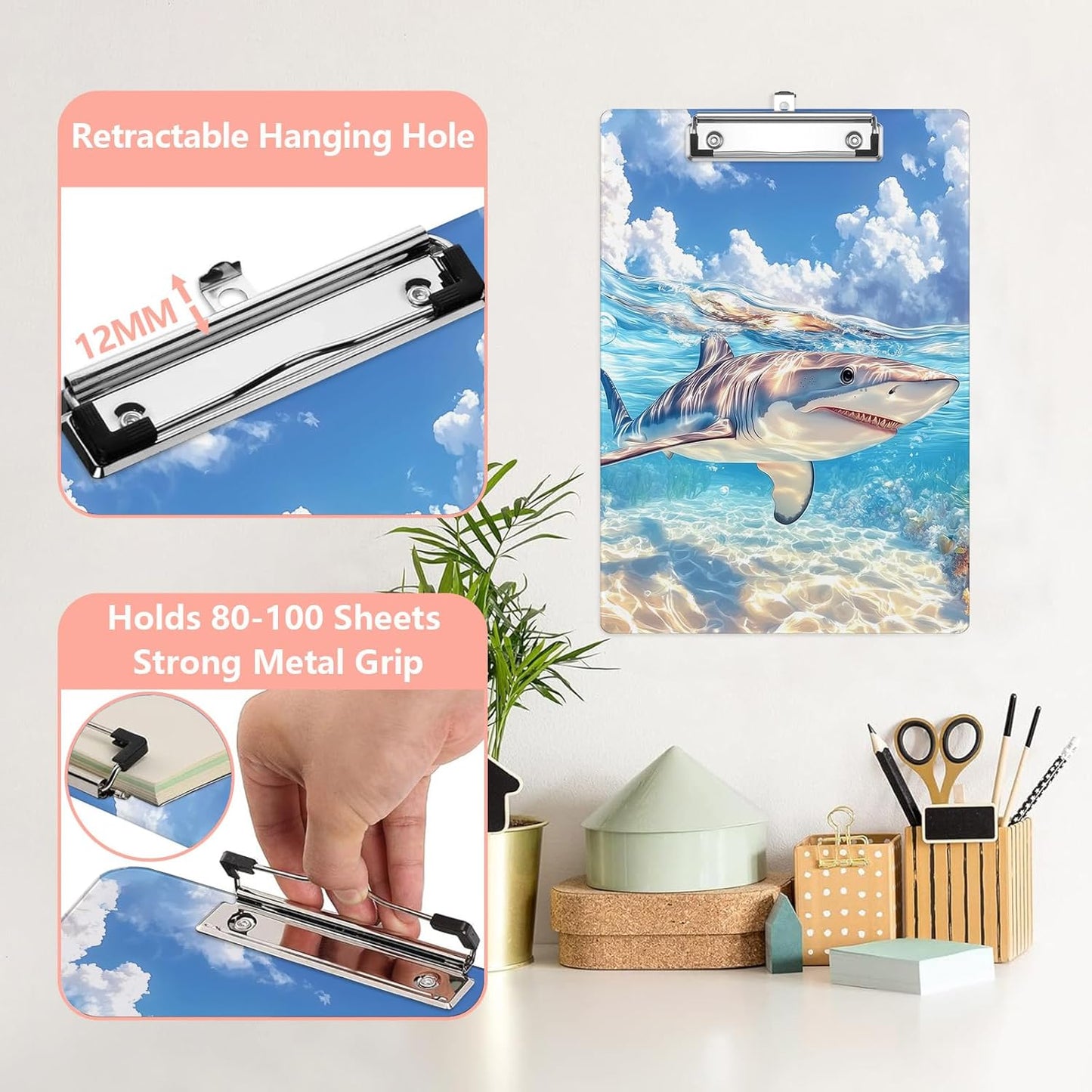 Cute Shark Plastic Clipboards,Cute Fashion Clipboard Decorative 8.5" x 12.5"Standard A4 Size Clipboards,Acrylic Clipboard for Teacher,Social Worker,Students,Nurse,Office Supplies