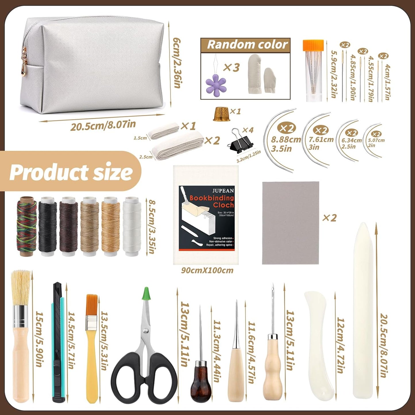 JUPEAN 45 Pcs Book Binding Kits Bookbinding Kit Book Press 7.9”x11.6” with Books Binding Materials Bone Folder Tool Webbing Strap and Storage Bag for Bindings and Repair