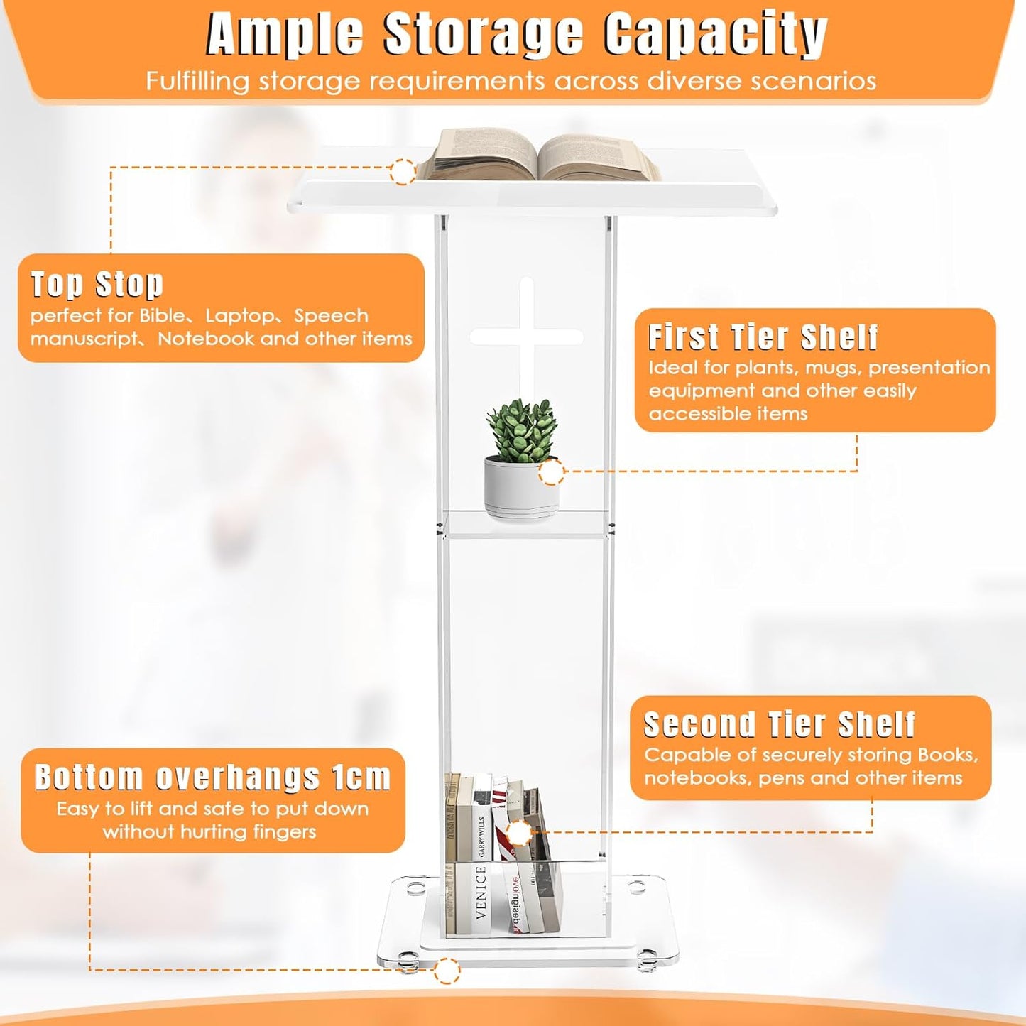45.3 Acrylic Podium Lectern, Pulpit for Churches Stand with Double Shelves, Modern Plexiglass Pulpits Lectern with Cross Design for Classroom, Conference, Presentation,Wedding