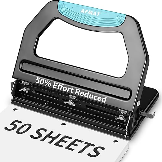 AFMAT 3 Hole Punch Heavy Duty, 9/32" Holes, 50-Sheet Hole Puncher 3 Ring by AFMAT