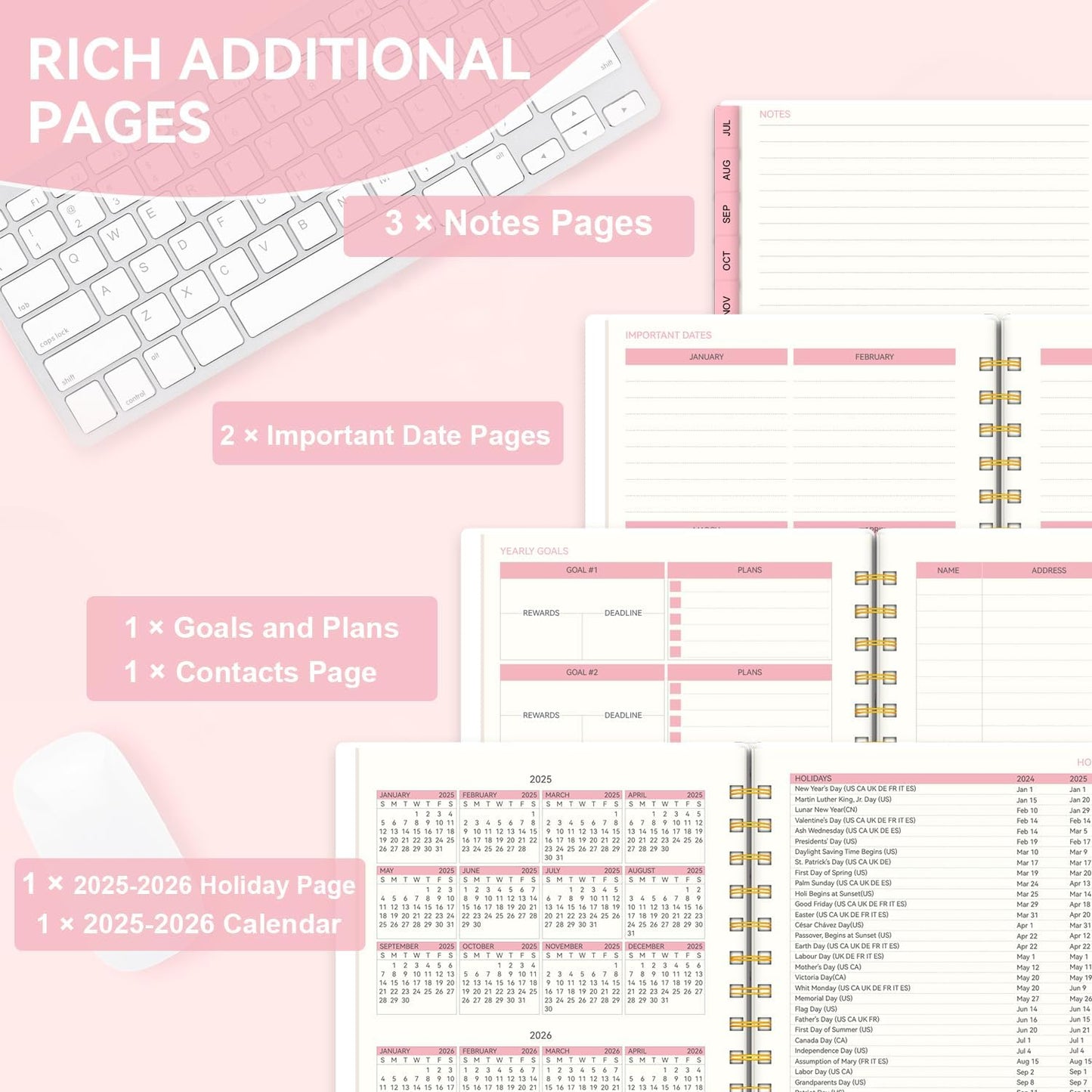 Planner 2025-2026, Weekly and Monthly Planners for Women, AIMPEAK Academic Calendar Planner for Teacher & Student, Jul.2025 - Jun.2026, Monthly Tabs, Spiral Binding, Pink Garland, 5.5"x8.5"