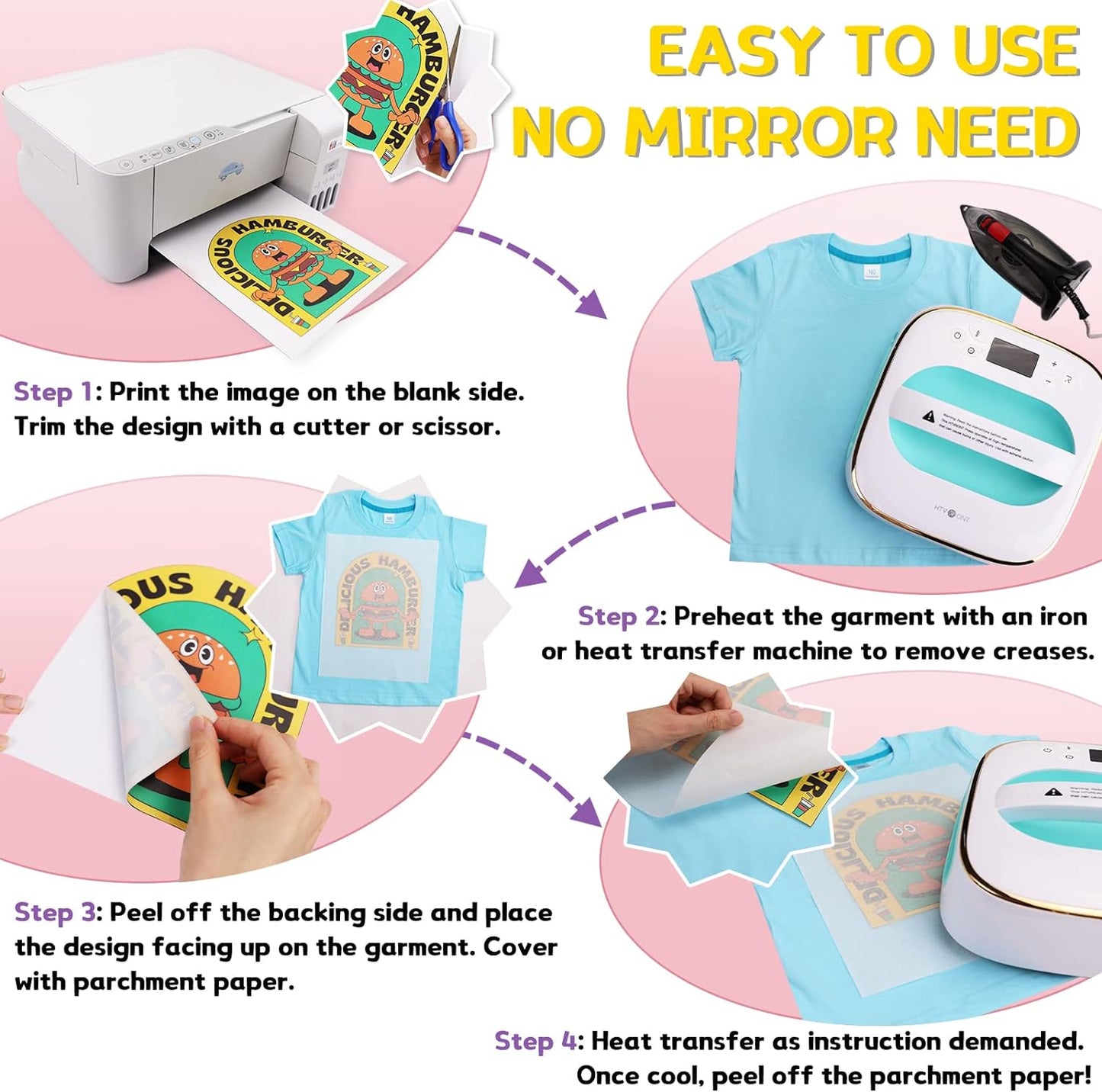 HTVRONT Heat Transfer Paper for Light T Shirts -50 Sheets 8.5x11" Iron on Transfer Paper for Inkjet Printer, Stretchable & Durable Printable Heat Transfer Vinyl, Easy to Use