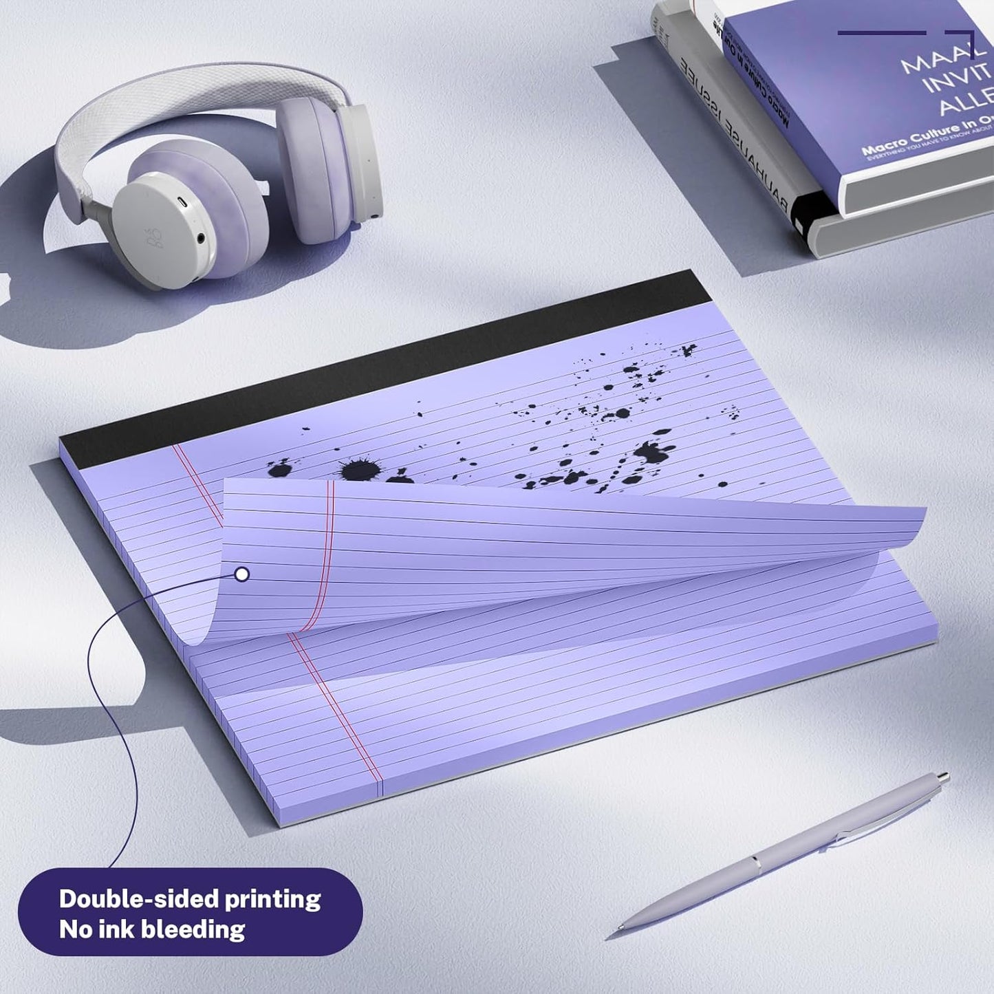 3 Pack Wide Legal Pads 11" x 9.5" (Landscape Format) Purple College Ruled Note Pad Narrow Ruled 30 Sheets per Notepad Perforated Writing Paper with Thick Backboard Horizontal Pads of Paper