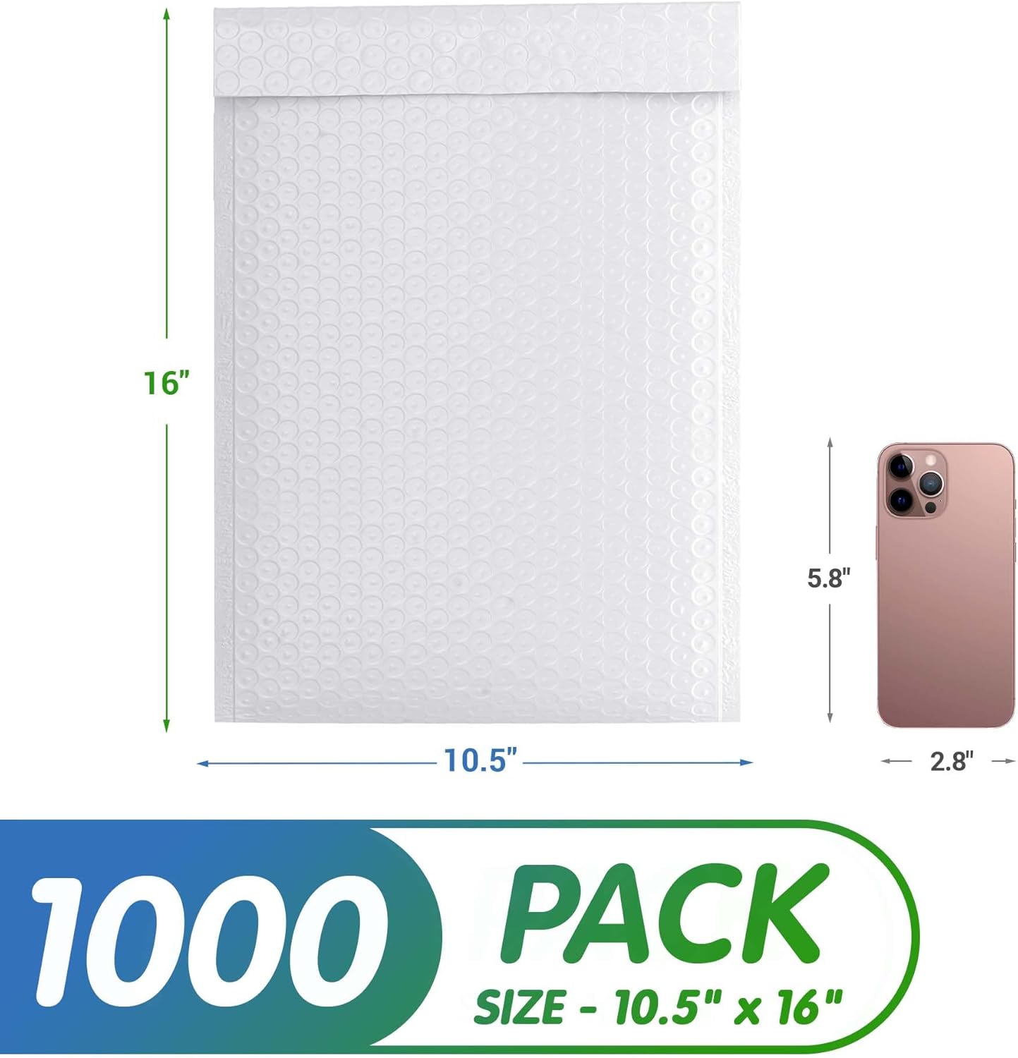 White Poly Bubble Mailers Self Seal, 10.5 x 16 Inch. Pack of 1000 Bubble Packaging Envelopes for Shipping. Durable Padded Envelopes Waterproof. Self Seal Padded Mailers. Shipping Packages