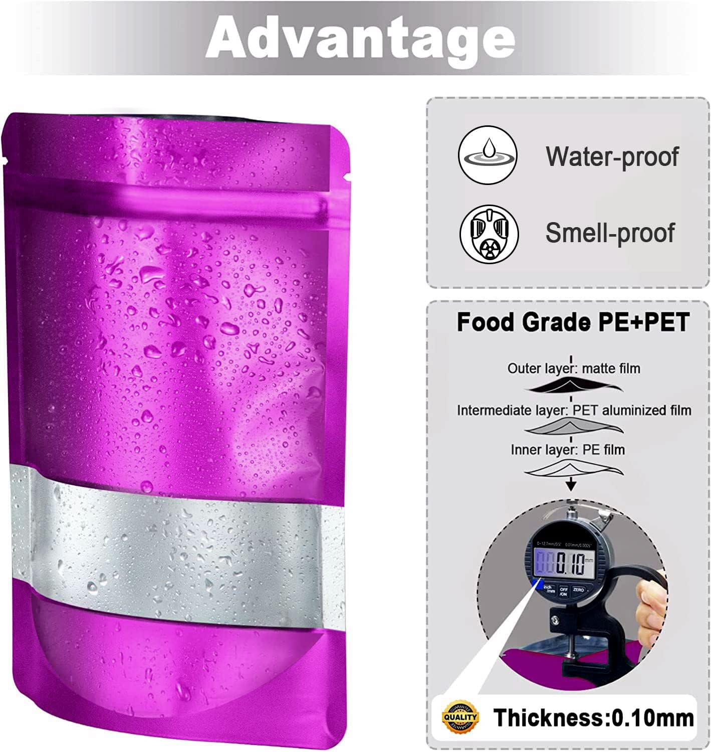 5.5"x7.8" 120pcs Mylar Bags for Food Storage,Smell Proof Bag with Matte Window Resealable Food Storage Bags for Small Business, Stand-up Foil Pouch Packaging Freeze Dried Candy Bag（Purple）