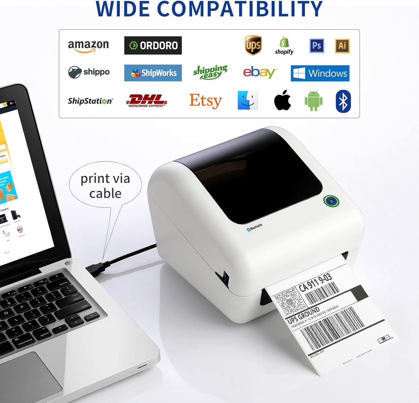 JADENS Bluetooth Thermal Shipping Label Printer - High Speed 4x6 Wireless Label Maker Machine, Support PC, Phone, USB for MAC, Compatible with Ebay, Amazon, Shopify, Etsy, USPS Barcode, Mailing