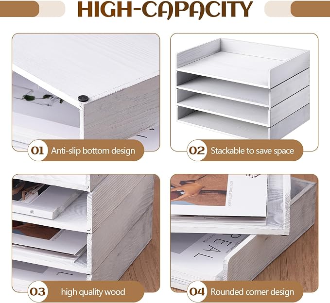 Yeaqee 4 Pcs Stackable Paper Organizer Tray Wood Desk Organizer Letter Tray - Image 4