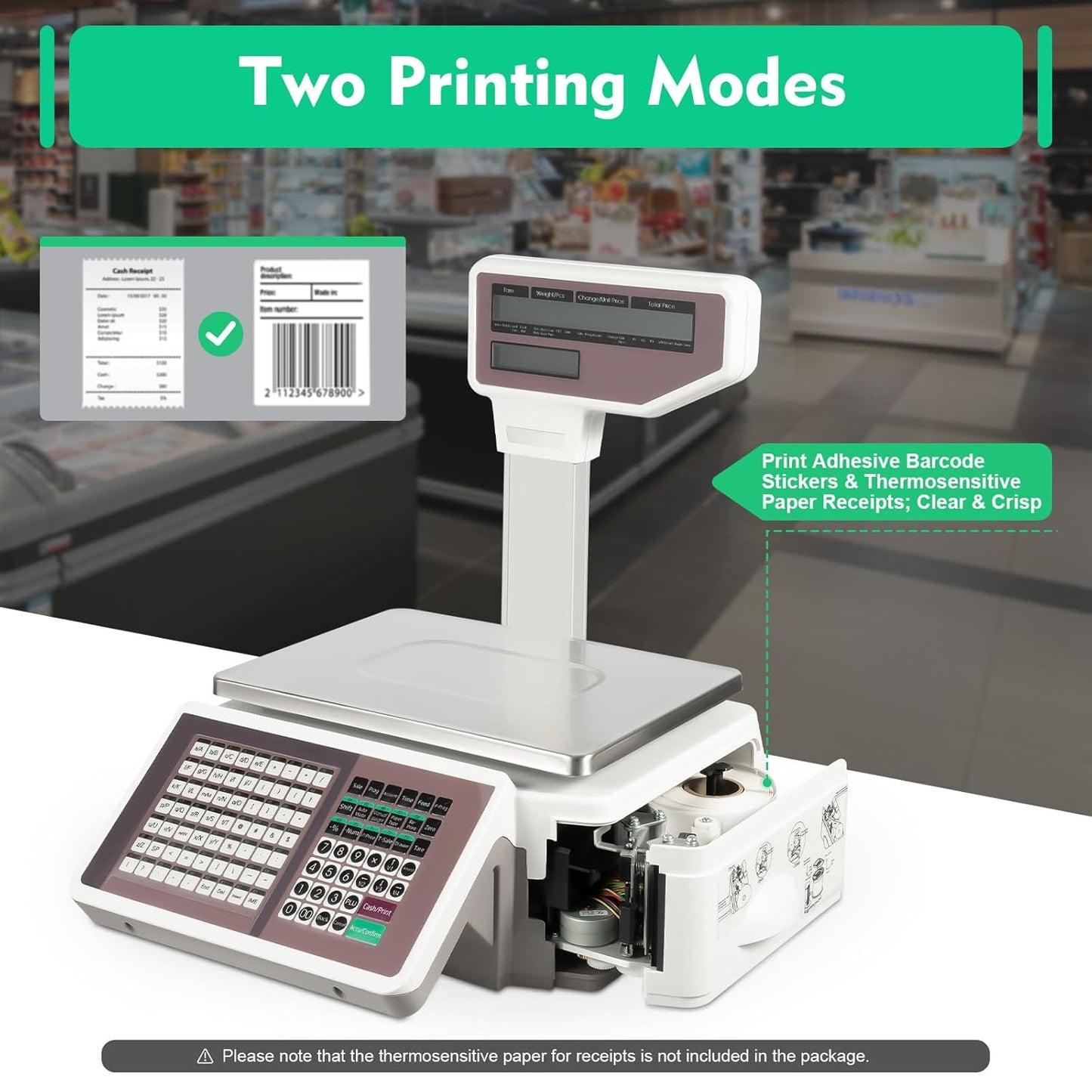 Price Computing Scale with Thermal Label Printer and Pole Display Up to 66lb Weighing Range Use for Supermarket, with Mobile APP