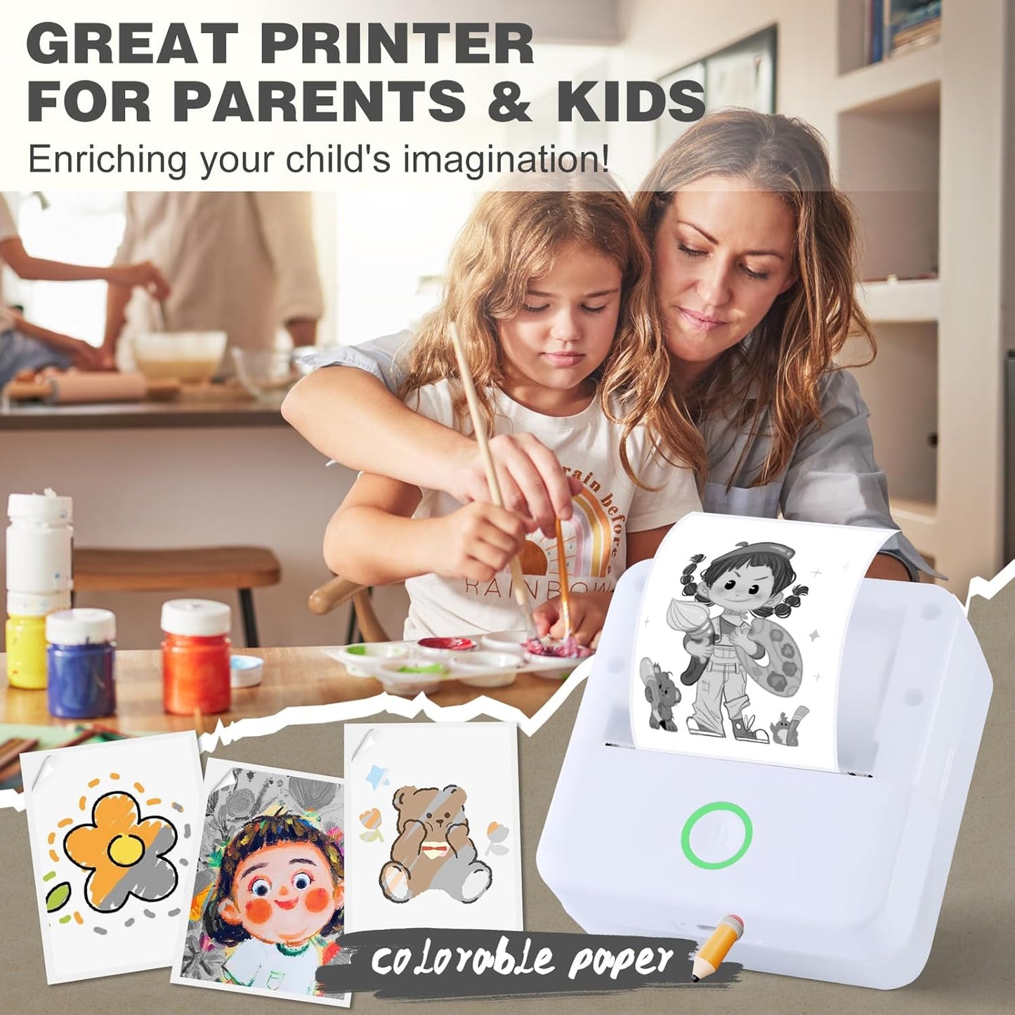 Print Pods Mini Printer, Thermal Inkless Sticker Maker with 10 Rolls Printing Paper, Pocket Printpod for phone, Impresora Portátil for Notes, Flashcards, Journal, DIY, Compatible with iOS & Android