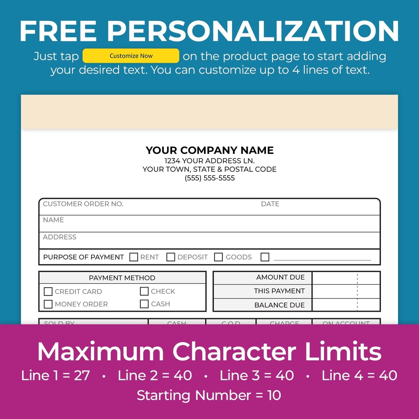 Custom 5.5" x 8.5" Carbonless NCR Books in 2-Part Duplicate Invoices, Receipts, Work Orders, Sales Orders, Purchase Orders, Estimates, Quote Forms with Your Company/Business Name (100 Sets)