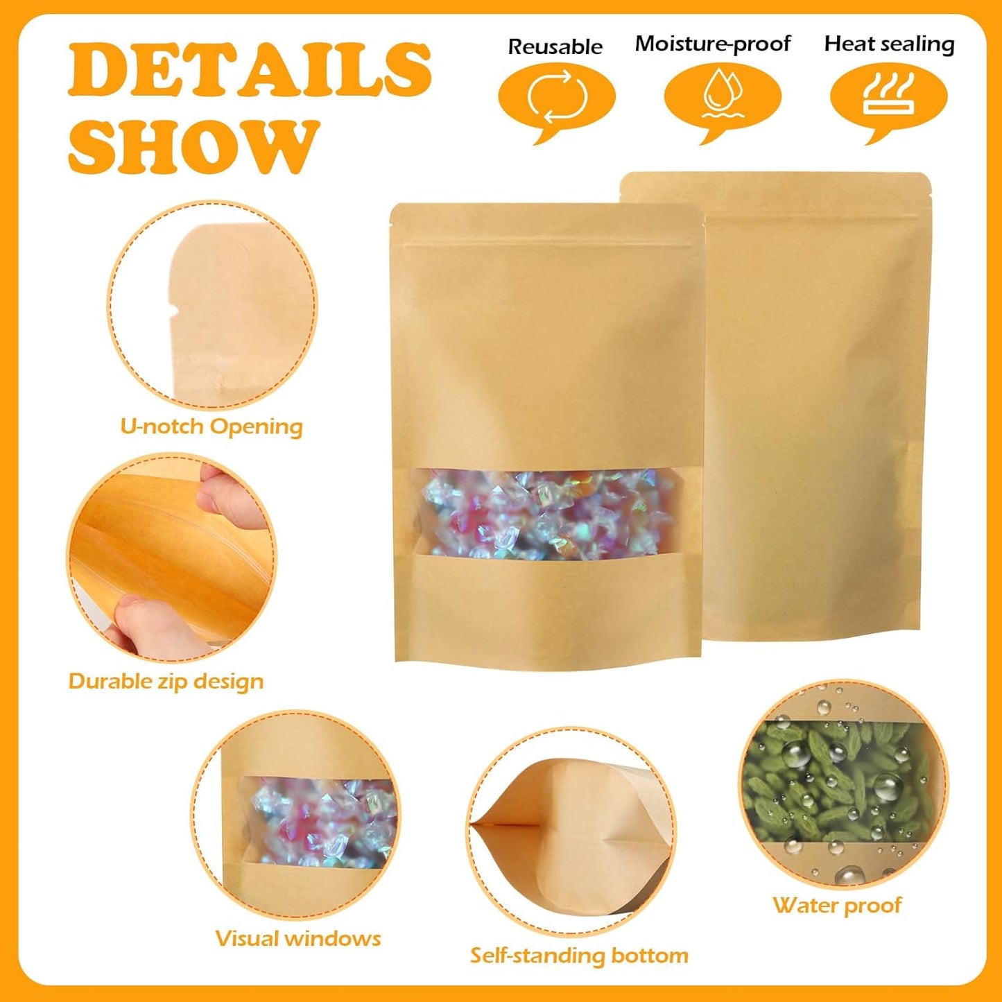 Geosar 300 Pcs Kraft Bags with Window 8 x 12 Inch Stand Kraft Pouches Bulk Zipper Paper Pouches Food Storage Reusable Heat Sealable Bags for Packaging Home Business