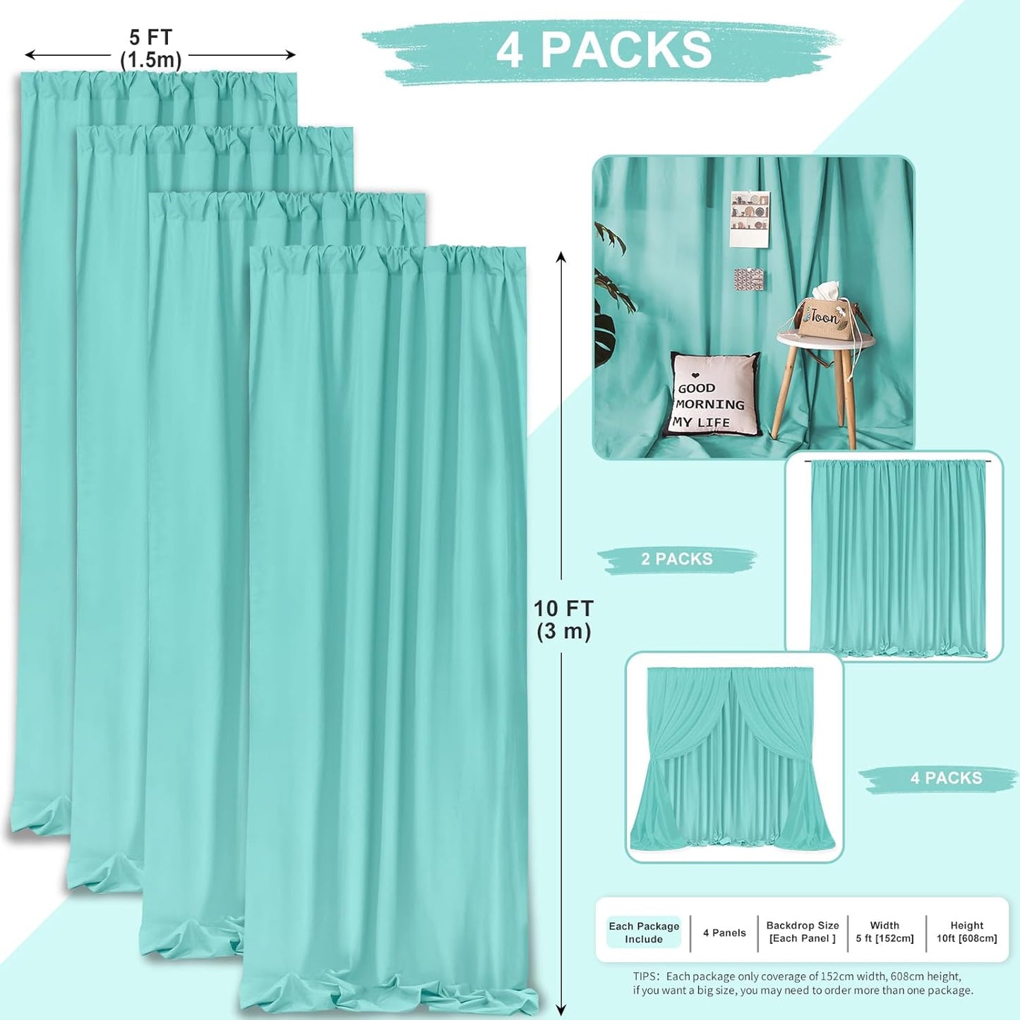 SoarDream Turquoise Backdrop Curtains Polyester 4 Panels 5ft x 10ft Photo Backdrop Drapes Mermaid Party Baby Shower Birthday Decorations