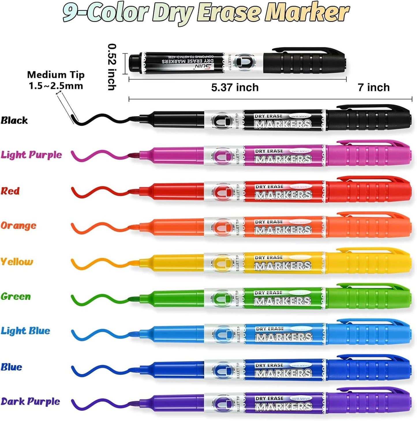 SUIN 9 Colors Dry Erase Markers - Low Odor, Non-Toxic, Slim Whiteboard markers, Medium Fine Tip Whiteboard Pens for Kids, Office, Classroom & Home, 9 Count