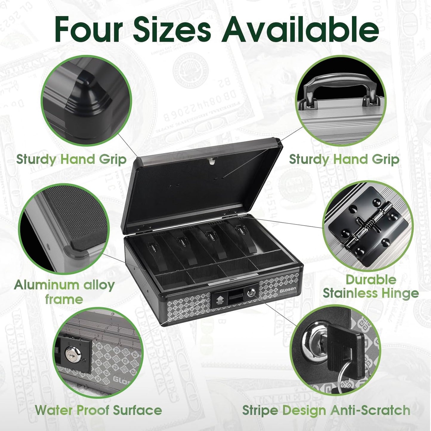 Cash Box with Lock, Money Box with Lock & Removable Coin Tray 11.4 * 5.3 * 13.5 inch (Black, Extra Large)