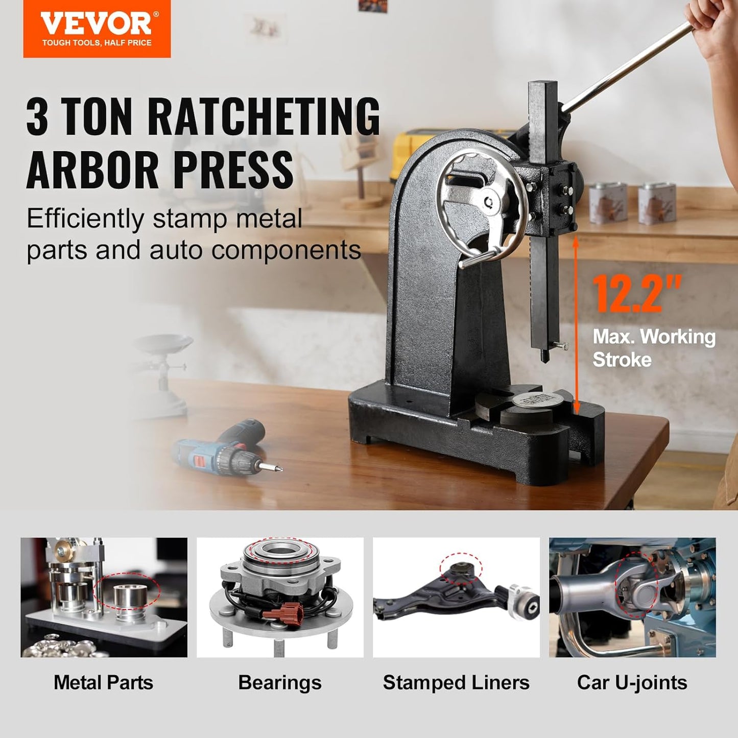 VEVOR Arbor Press, 3 Ton Ratchet Type Arbor Press, Ratchet Leverage Arbor Press with Handwheel, 12.2" Maximum Height, Cast Iron Manual Desktop Punch Press, for Stamping, Bending, Stretching, Forming