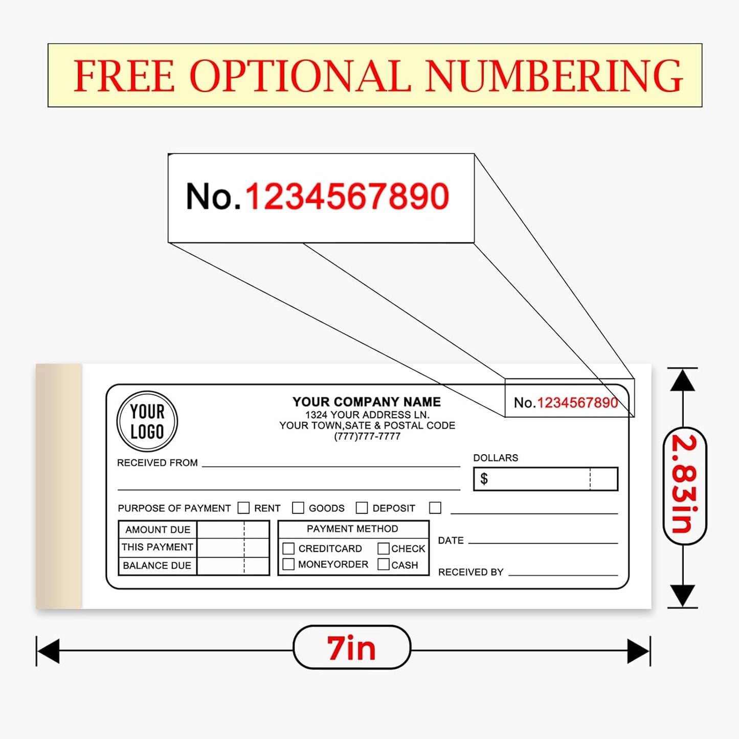 Custom Invoice Book for Small Business,2.8 x7 Inches Invoice Receipt Book, 3-Part Carbonless Forms, Personalized Company Name, Address, Phone Number