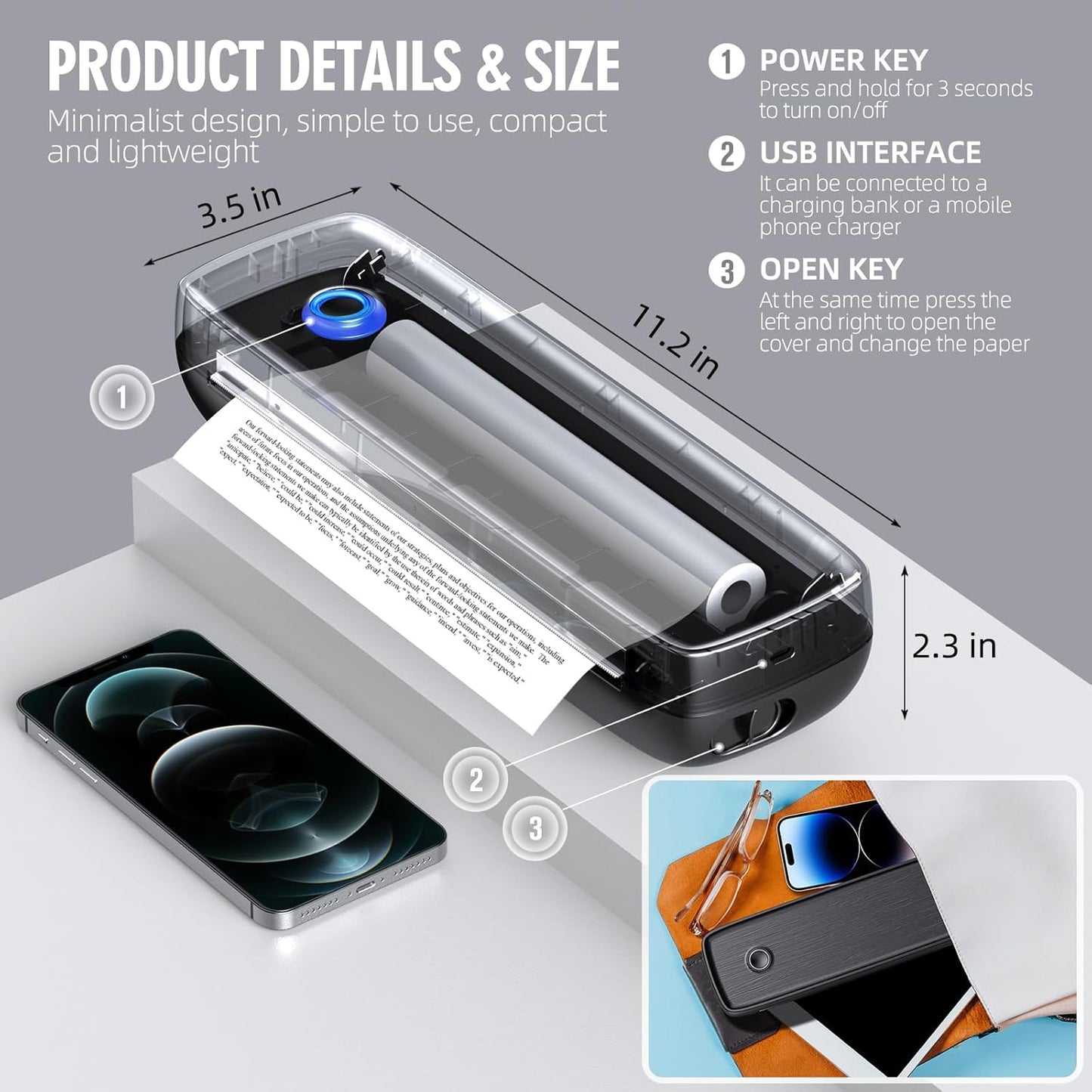 Portable Wireless Printer for Travel, High Resolution Inkless Mini Thermal Print, 4200mAh Battery, Bluetooth & USB (A4, A5, Letter, Legal) Compatible with Android and iOS Phone&Laptop,Black