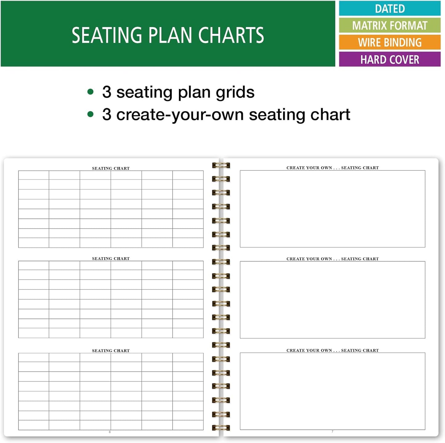 Elan Publishing Company HARDCOVER 7 Period Dated Teacher Lesson Plan; Days Horizontally Across The Top Dated for 2025-2026 Academic Year with Bonus Clip-in Bookmark (Teal Floral)