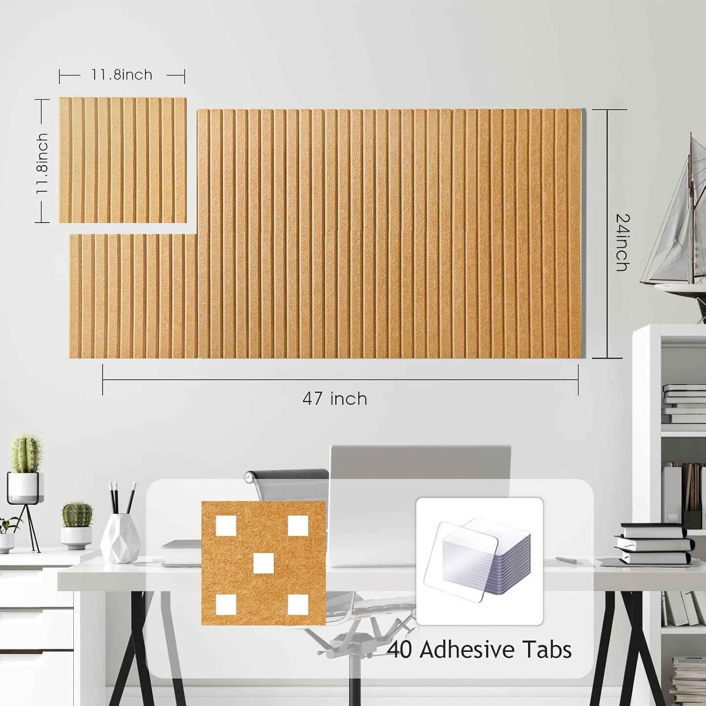 Large Cork Board for Office, 8 Pack Felt Wall Tiles with Slat Wall Paneling and Safe Removable Adhesive Tabs, Felt Bulletin Board Pin Board Cork Boards for Walls (Almond)