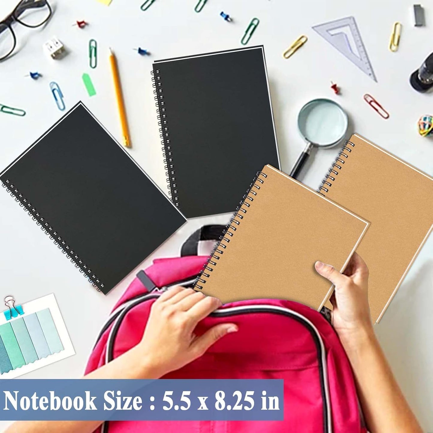 GINMLYDA 4Pack Small Spiral Notebook A5, 8.25x5.5” 120 Lined Pages Wide Ruled Spiral Journal Bulk Blank Kraft Cover Spiral Bound Notebook & Writing Pads for Home Office Meeting Work Note Taking