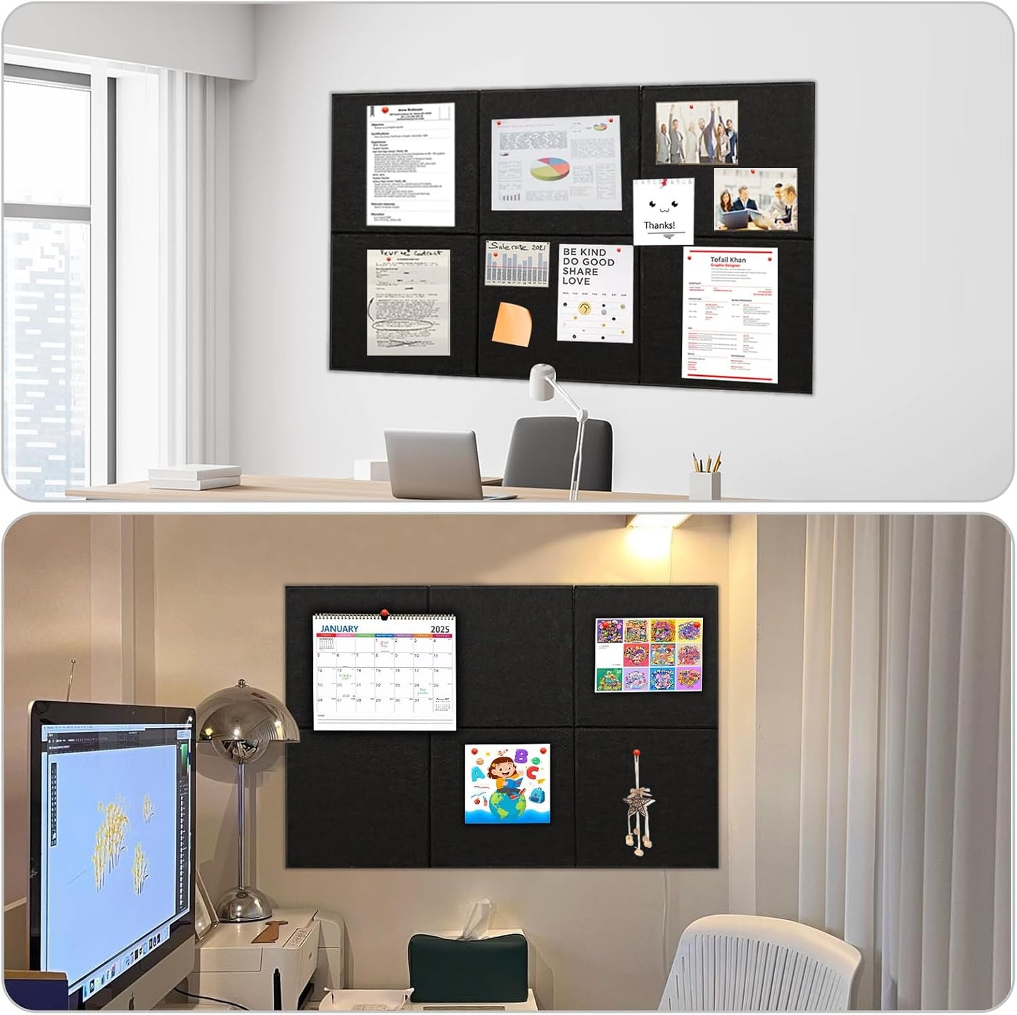 Large Bulletin Cork Boards for Walls 36" x 48", Black Bulletin Board for Office, 12 Pack Cork Felt Boards Tiles for Classroom Decor, Pin Board with Pushpins, Office Essentials