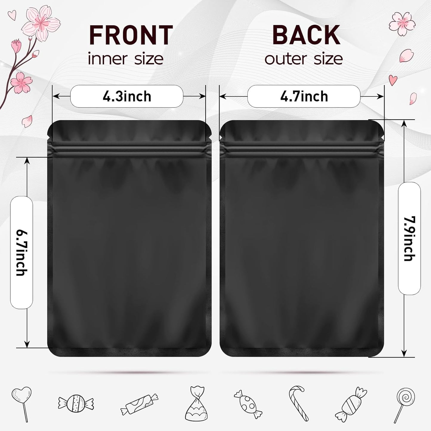 Funfery 100 Pack Black Mylar Packaging Bags Resealable Bags Double Sided Color Odor Proof Pouch Baggies Smell Proof Foil Bag for Food Storage,Small Business(Black,4.7x7.9inch)