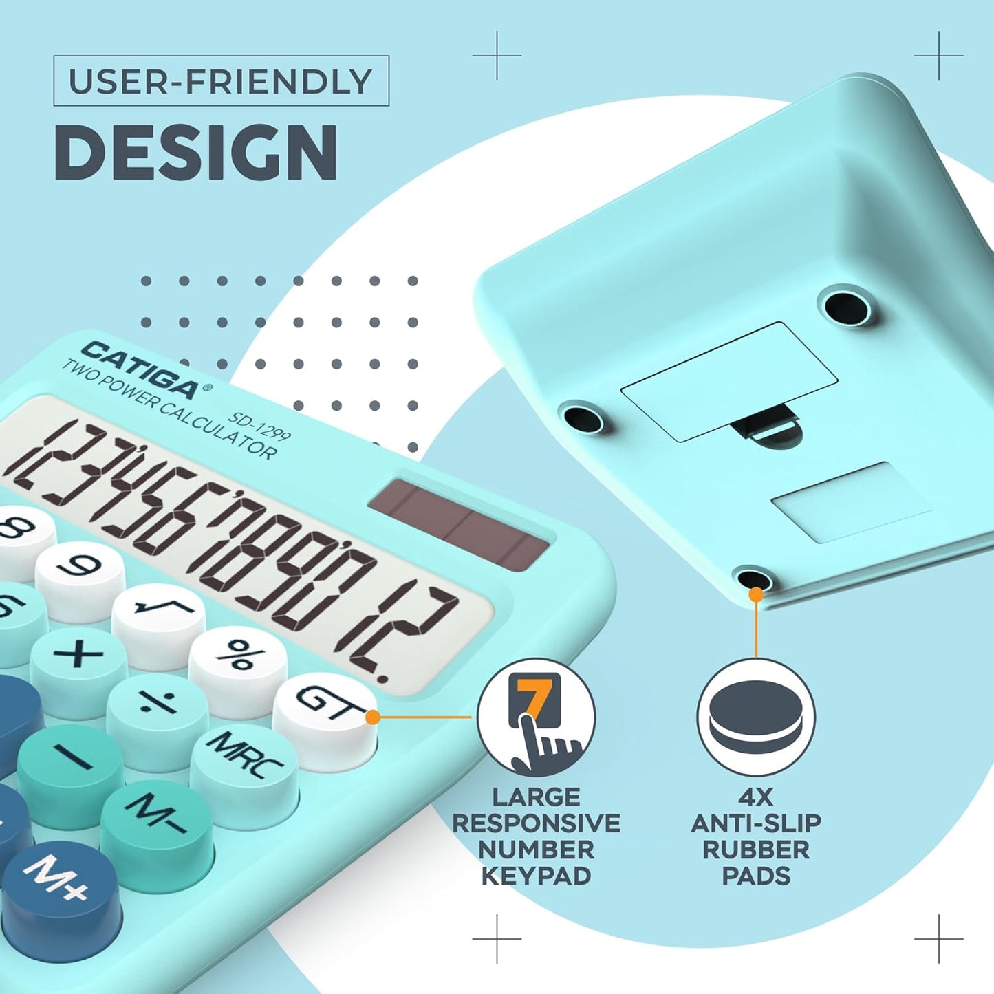 CATIGA Mechanical Switch Calculator with Solar and Battery Dual Power, 12-Digit Large LCD Display, Aesthetic and Cute Desktop Calculator with Big Button, for Home, School and Office Use, SD-1299