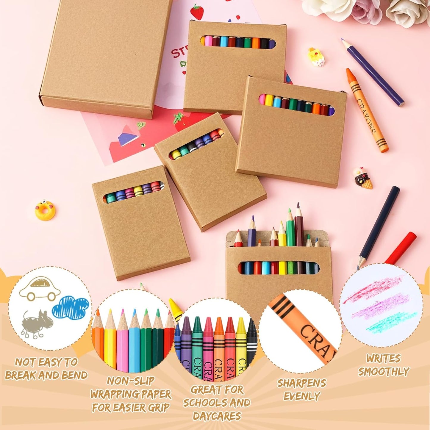 60 Sets Bulk Back to School Supplies, Colored Pencils Pre-Sharpened and Crayons Holiday Bundle in Box Mini Pencils Crayons Bulk Classroom Teacher Supplies, Cute Back to School Gifts