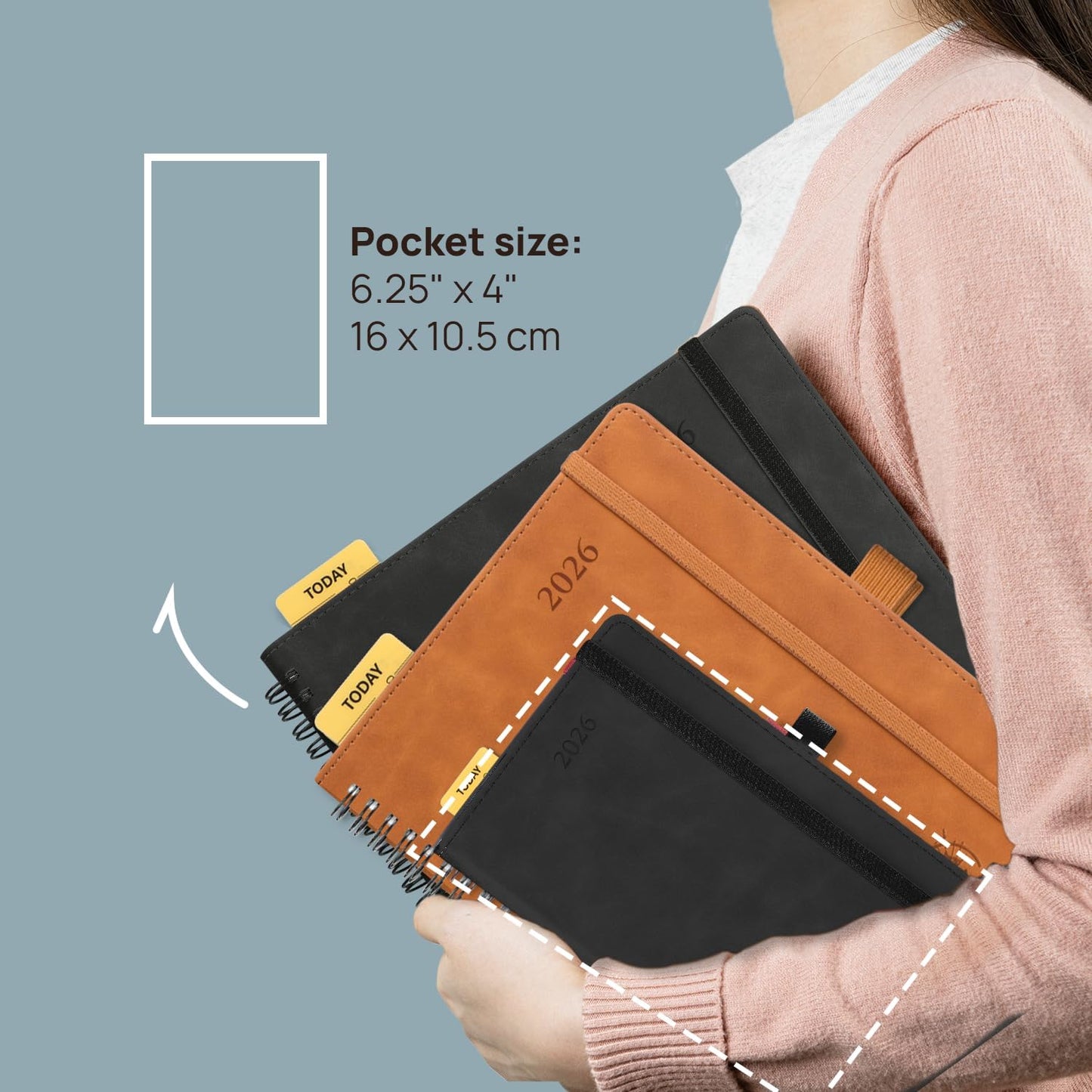POPRUN 2026 Planner Weekly Notebook (Jan-Dec), Small Size 4''x 6.25'' - 2026 Pocket Calendar for Purse with Spiral Soft Cover, Plastic Ruler, Inner Pocket, 100 GSM - Royal Blue