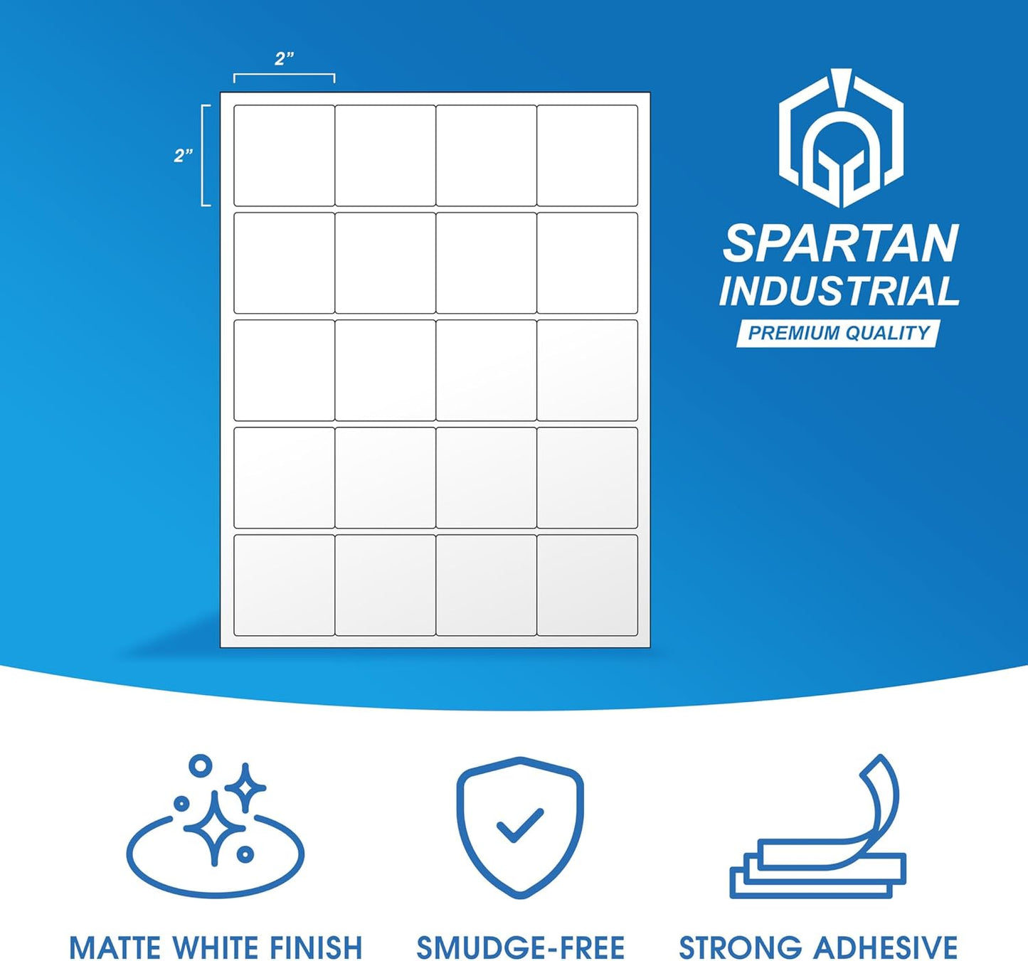 2" X 2" Square Printable Labels Compatible with Inkjet and Laser Printers - 500 Sheets, 10000 Matte White Paper Stickers for Logos, Product Labeling, and QR Codes - Spartan Industrial