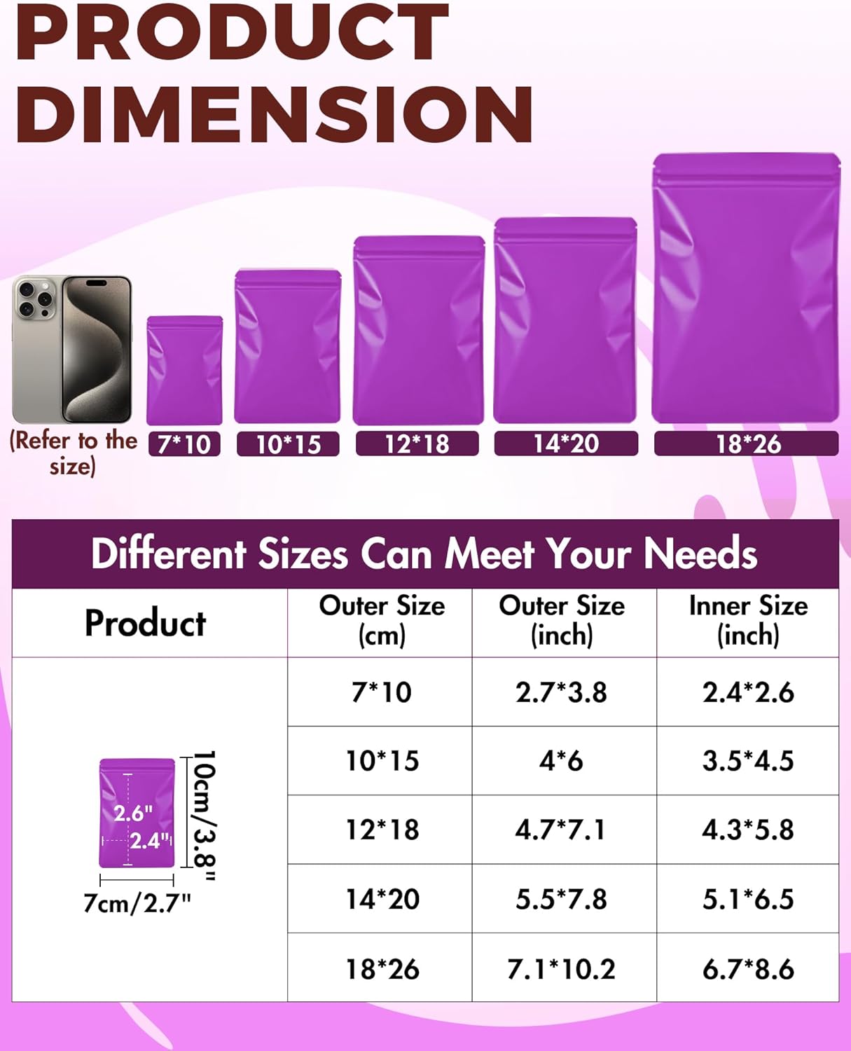 FireKylin 100 Pack Resealable Packaging Bags for Small Business Double-Sided Color Smell Proof Bags for Food Storage Flat Bag (Purple, 2.7" x 3.8")