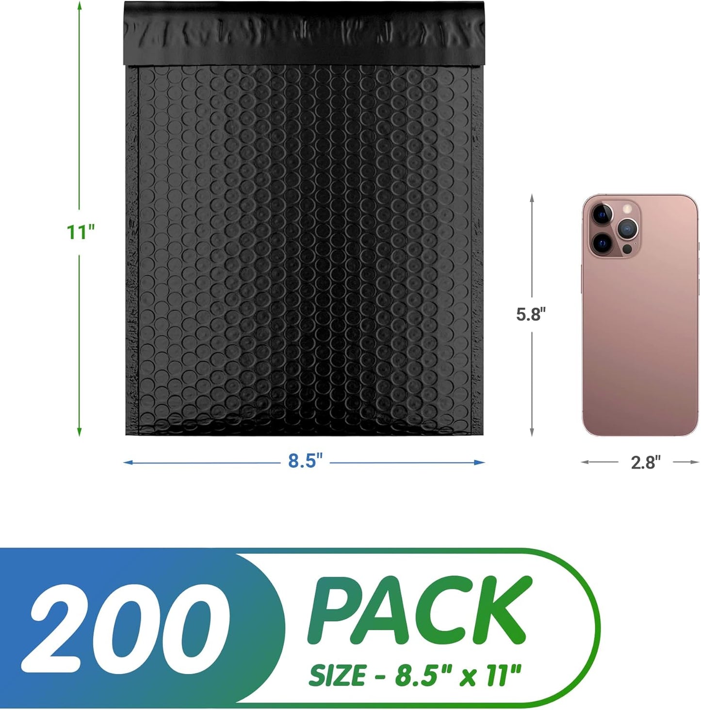 Matte Black Poly Bubble Mailers Self Seal, 8.5 x 11 Inch. Pack of 200 Bubble Packaging Envelopes for Shipping. Durable Padded Envelopes Waterproof. Self Seal Padded Mailers. Shipping Packages