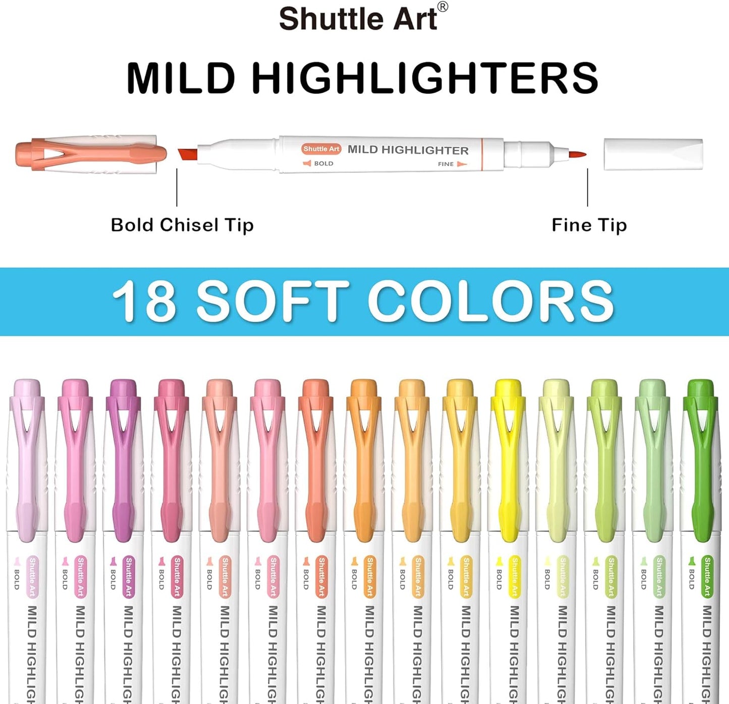 Shuttle Art Pastel Highlighters, 18 Colours Dual Tip Highlighters, Highlighter Markers Assorted Colours, Perfect for Colouring, Underlining, Highlighting, Journaling in School Office Home
