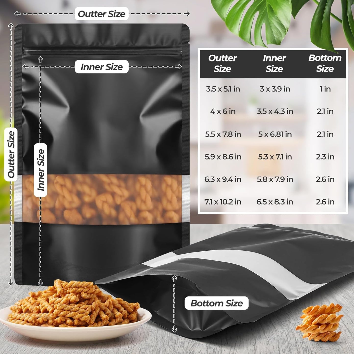 Funfery 100 Pcs Smell Proof Packaging Bags,Mylar Clear Bags for Food Storage,Sealable Bag for Packaging,Stand Up Pouches with Window,ReSealable Bag for Small Business,Cookies,Candy(Black,5.5x7.8in)