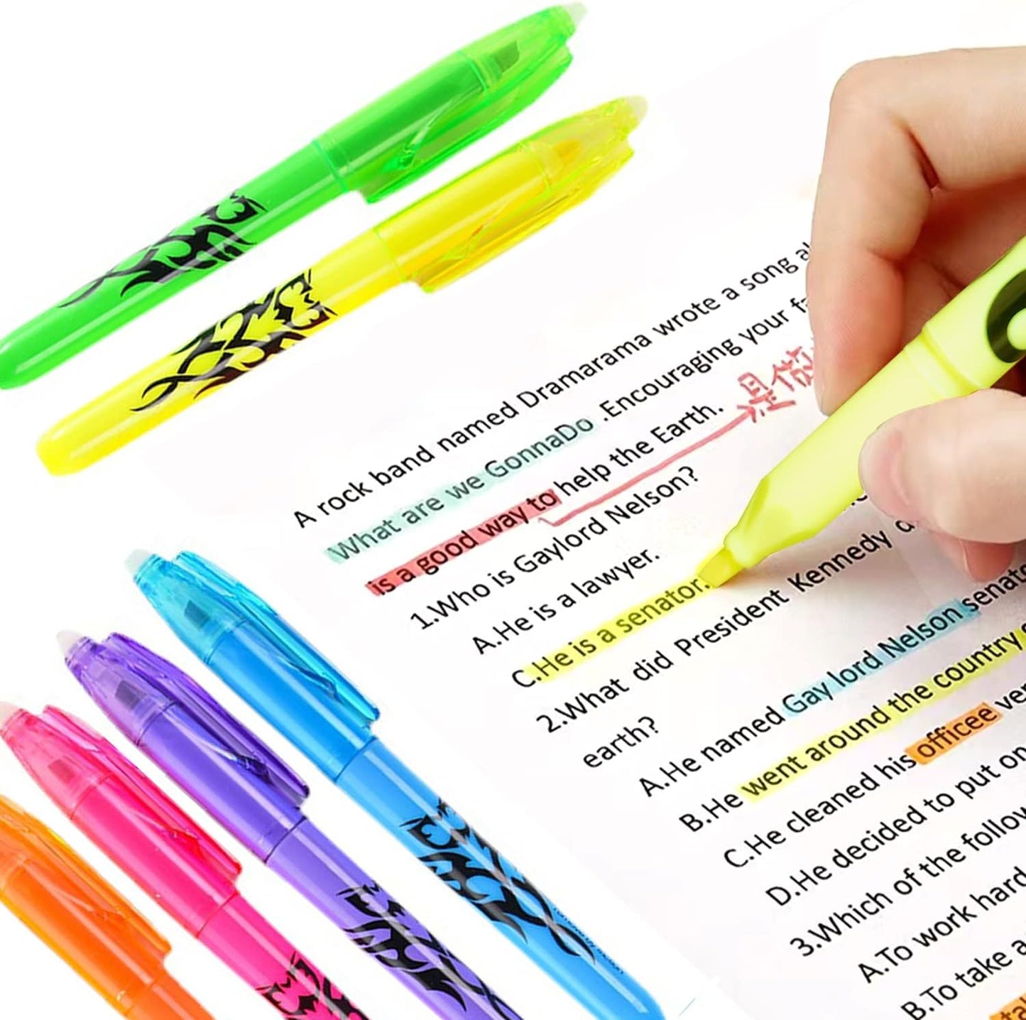 Erasable Highlighter Pen Light Soft Color,Hot Erasable Marker Pens,Chisel Tip Marker Pen with Rubber for Adults Kids Students School Office Stationary Supplies Gifts,6 Color