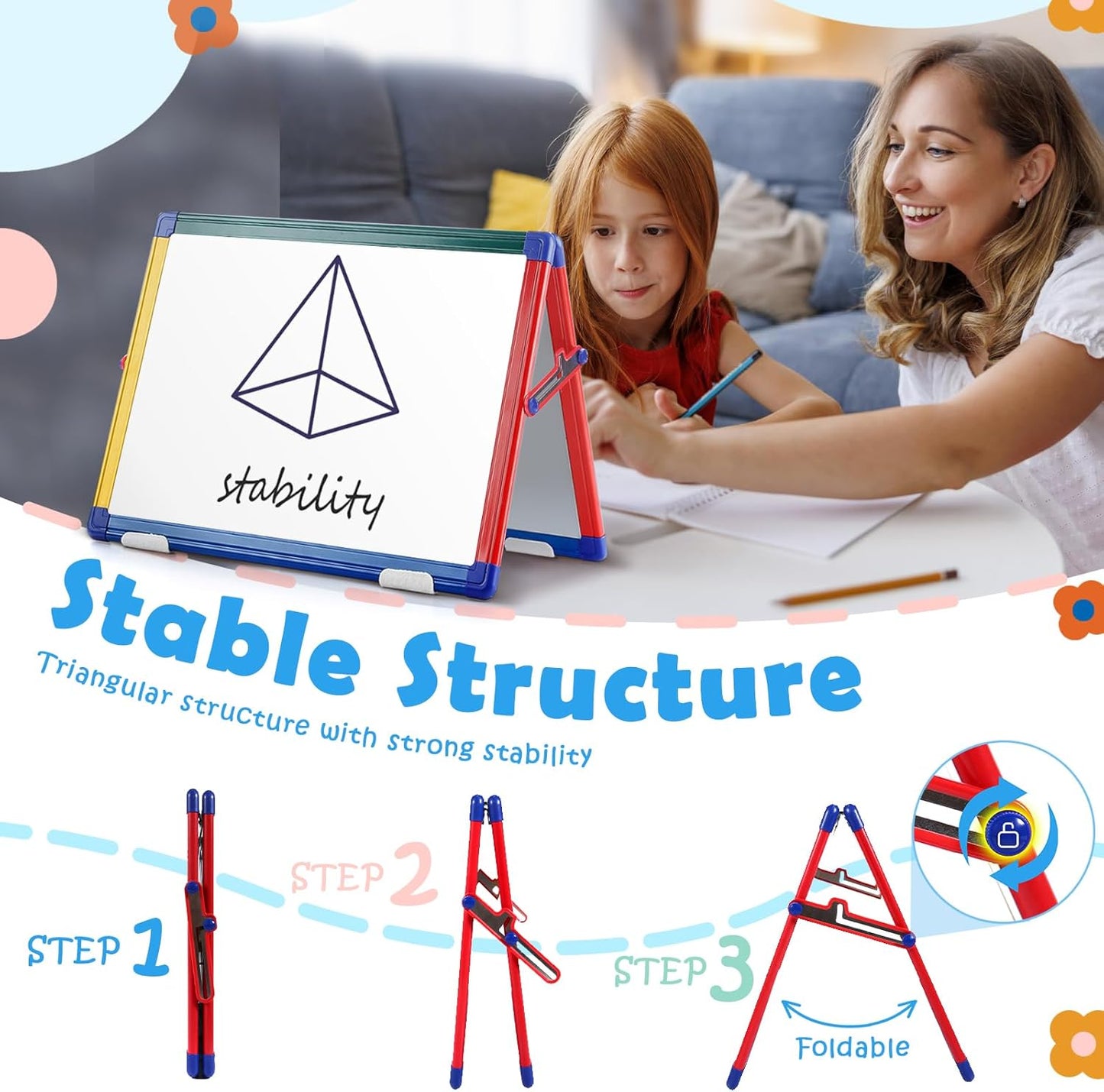 SWANCROWN Portable Dry Erase White Board for Kids, 16x12 inch Toddler Boy Girl Toys Magnetic Table top Whiteboard Small Double Sided Art Easel with 82Pcs Letter Magnets Magnetic Foldable Board