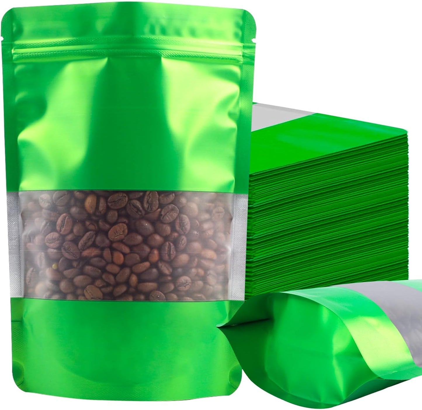 100 Pack Smell Proof Bags, Resealable Green Mylar Bags with Matte Window, Foil Pouch Stand Up Sealable Bags for Packaging, 5.9 × 8.66 Inch