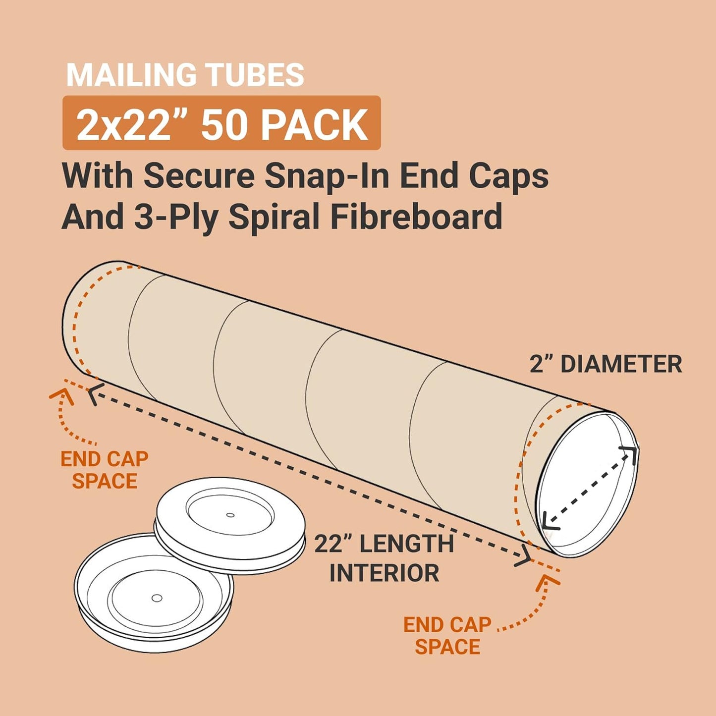 AVIDITI Mailing Tubes with Caps, 2"L x 22"W, 50-Pack | Cardboard Tube Mailer for Poster Box, Blueprint, Teachers, Artwork, Long Art Holder 2x22